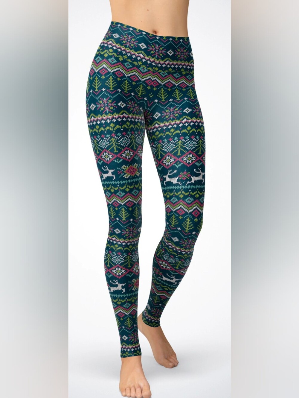 Derek Heart Navy & Teal Fair Isle Reindeer Leggings M/L